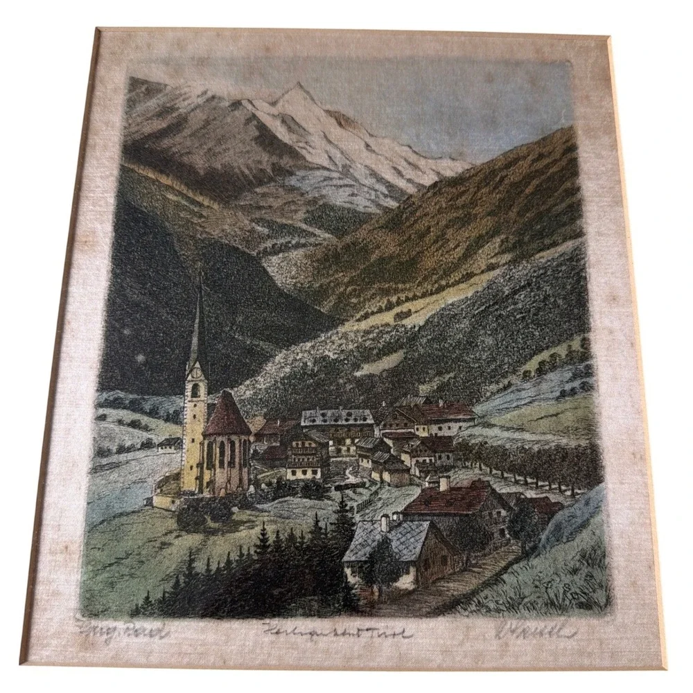 Vintage Signed European Etching Framed Wall Art Set of 3 Gold Frames Estate Find